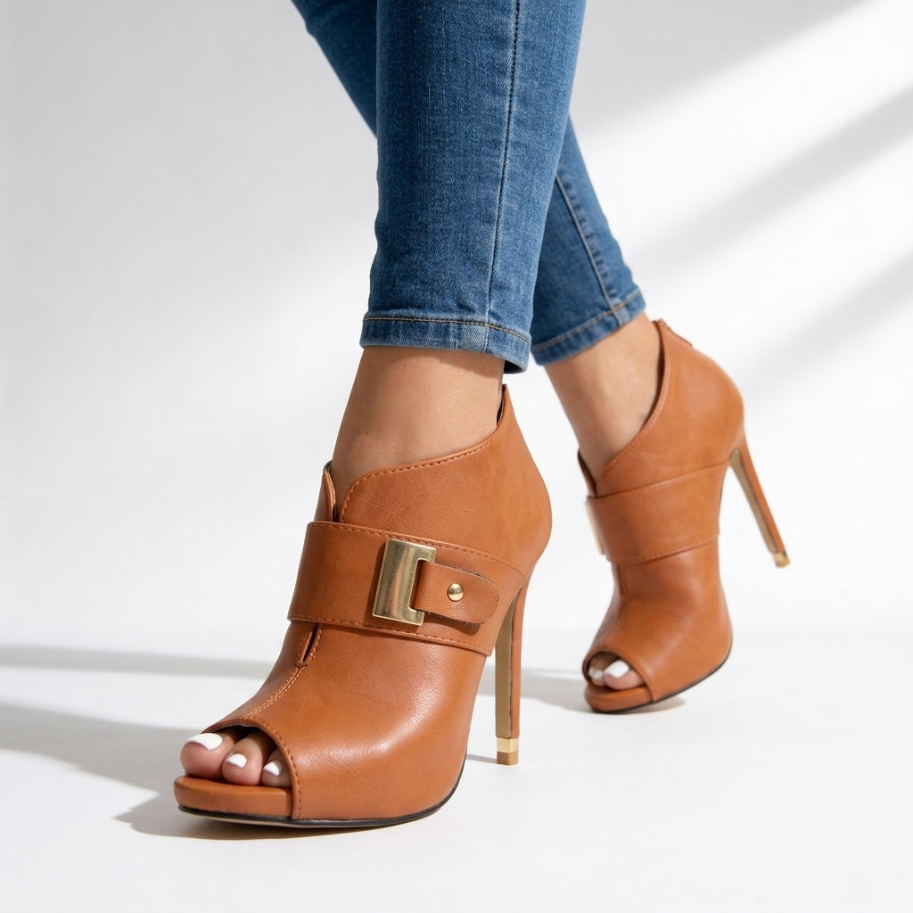 Women's Sculpted Gold Peep-Toe Ankle Heels Corvine