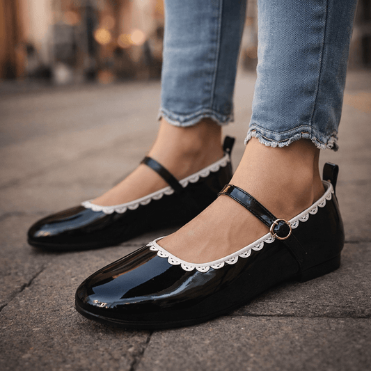 Women's Shiny Patent Leather Ankle-Strap Flats Corvine
