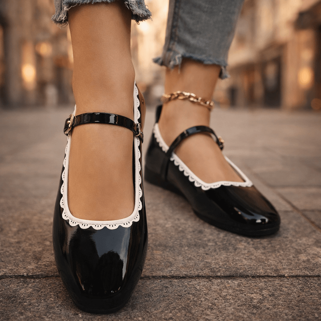 Women's Shiny Patent Leather Ankle-Strap Flats Corvine