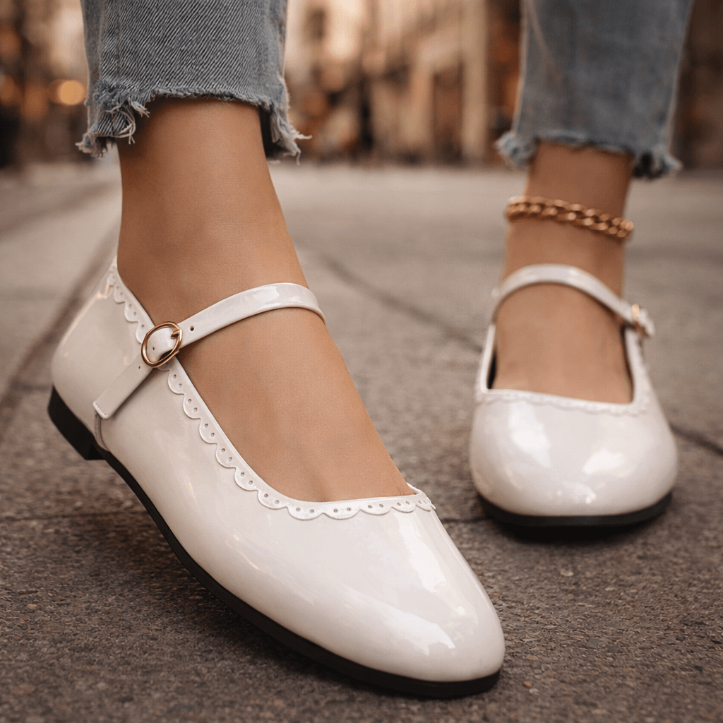 Women's Shiny Patent Leather Ankle-Strap Flats Corvine