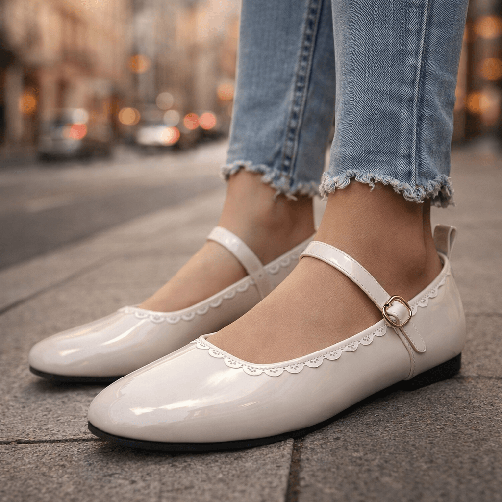 Women's Shiny Patent Leather Ankle-Strap Flats Corvine