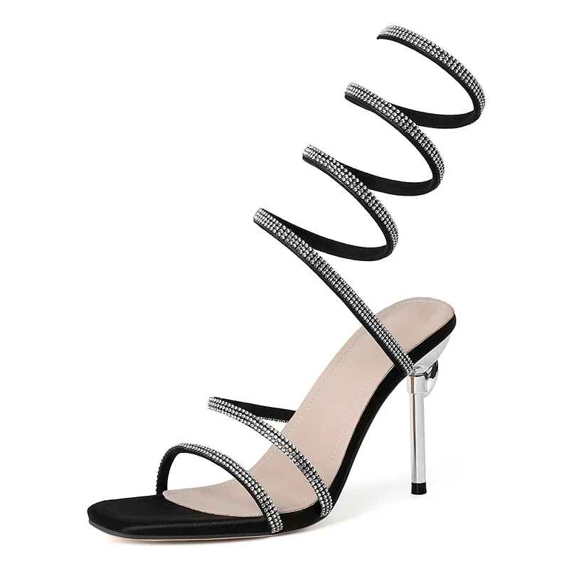 Women's Silver Crystal-Studded Satin Spiral Heels Corvine