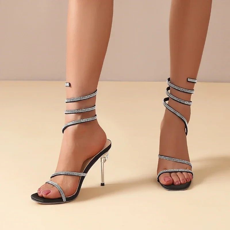 Women's Silver Crystal-Studded Satin Spiral Heels Corvine