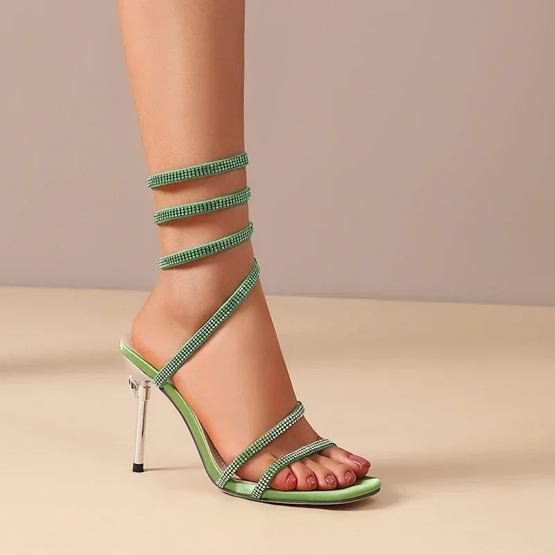 Women's Silver Crystal-Studded Satin Spiral Heels Corvine