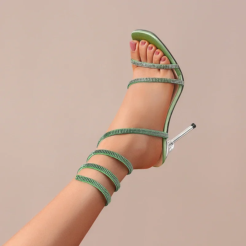 Women's Silver Crystal-Studded Satin Spiral Heels Corvine