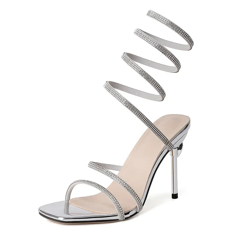 Women's Silver Crystal-Studded Satin Spiral Heels Corvine