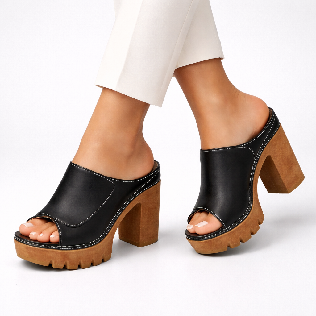 Women's Smooth Black Platform Heels Corvine