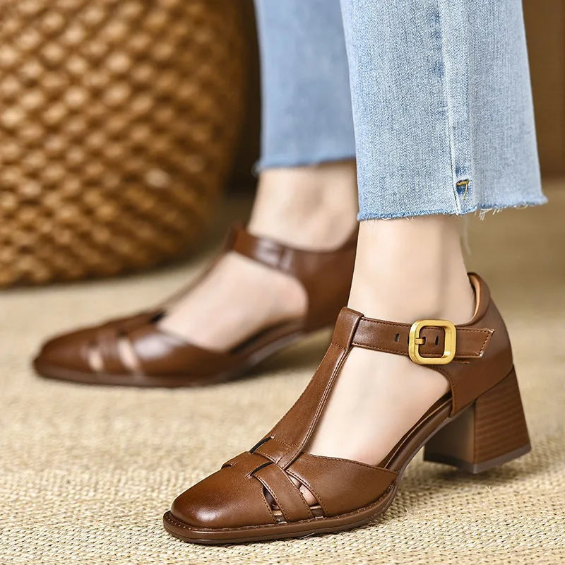 Women's Smooth Faux Leather T-Strap Heels Corvine