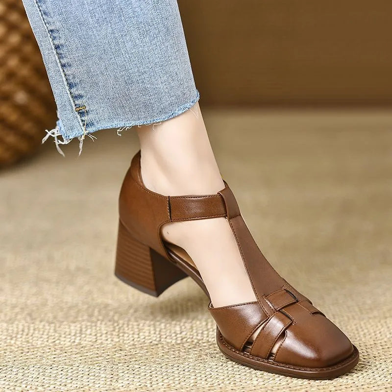 Women's Smooth Faux Leather T-Strap Heels Corvine