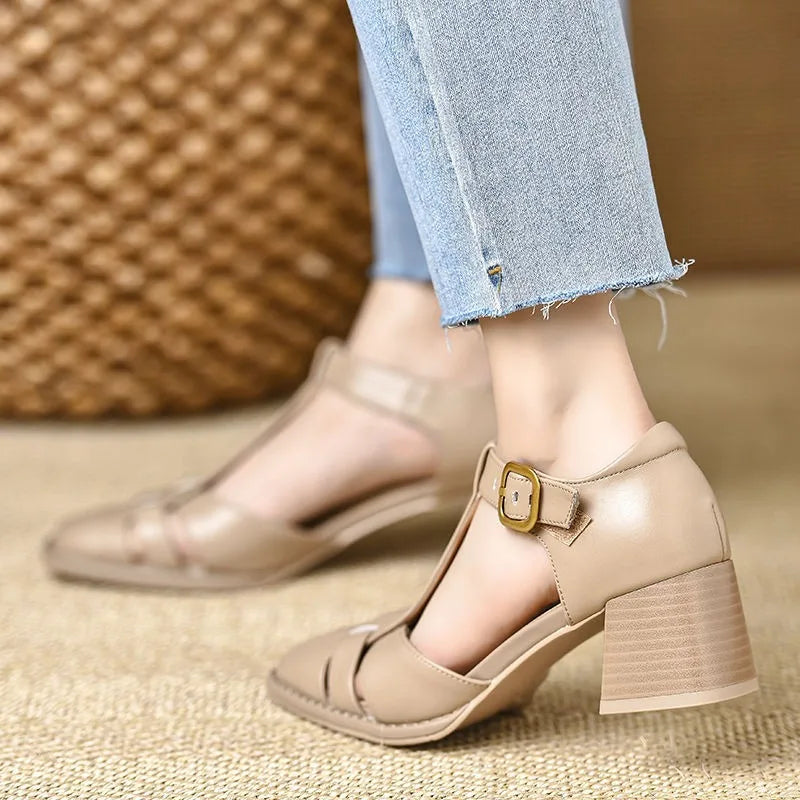Women's Smooth Faux Leather T-Strap Heels Corvine