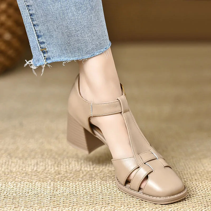 Women's Smooth Faux Leather T-Strap Heels Corvine