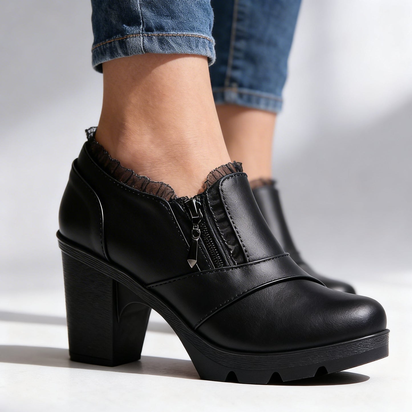 Women's Smooth Leather Black Heeled Ankle Boots Corvine