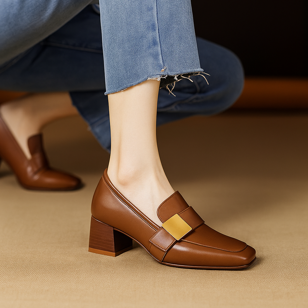 Women's Smooth Leather Block Heel Heels Corvine