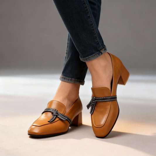 Women's Smooth Leather Block Heel Loafers Corvine
