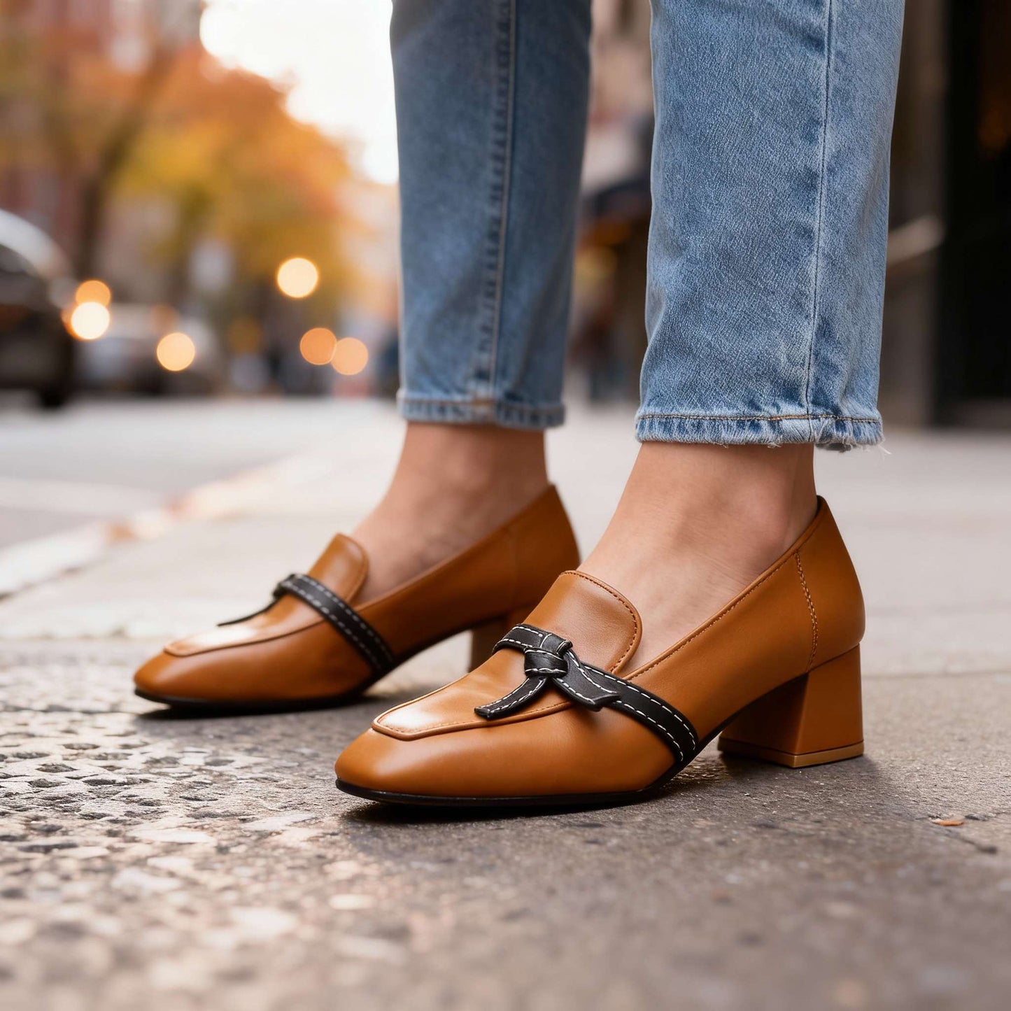 Women's Smooth Leather Block Heel Loafers Corvine