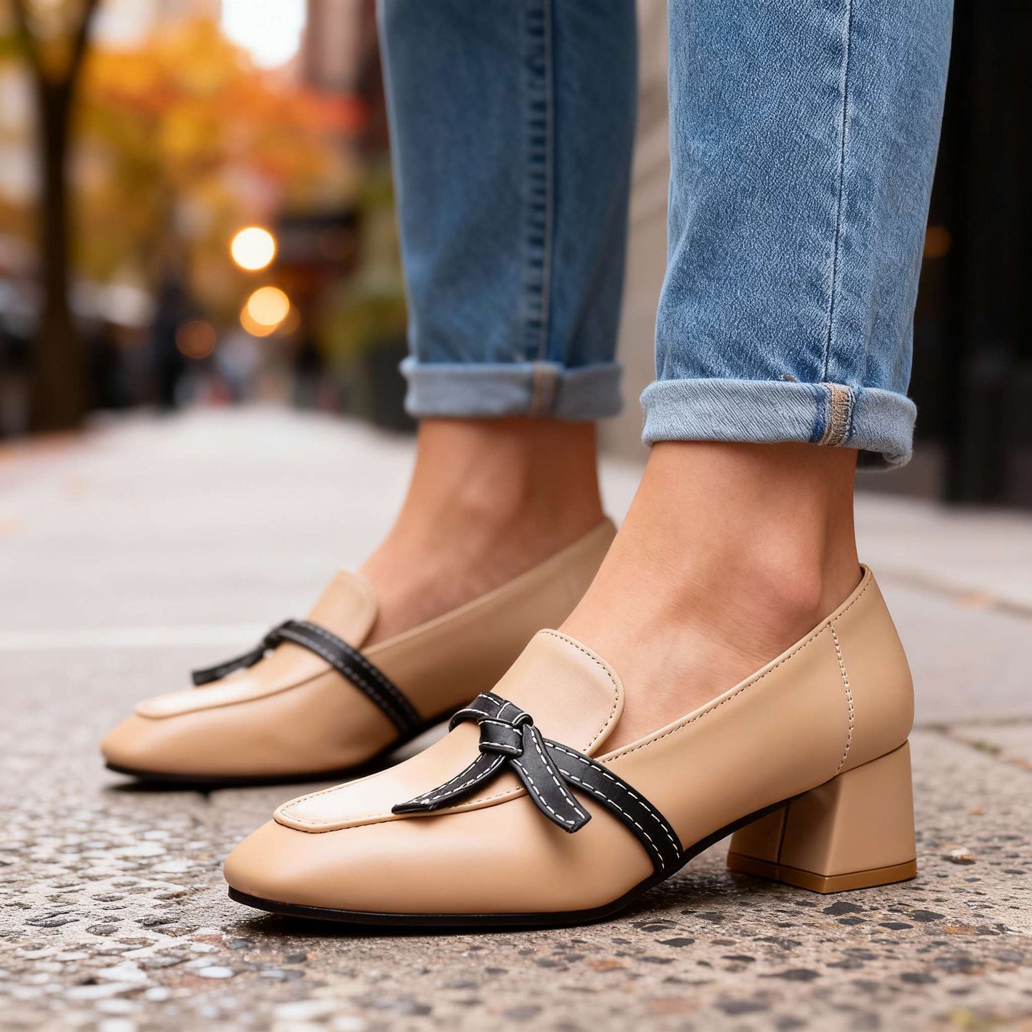 Women's Smooth Leather Block Heel Loafers Corvine
