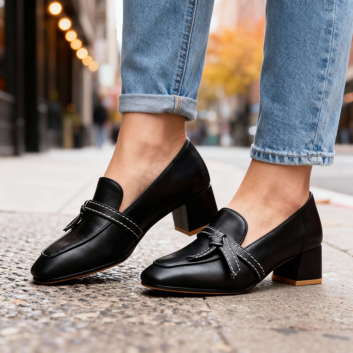 Women's Smooth Leather Block Heel Loafers Corvine