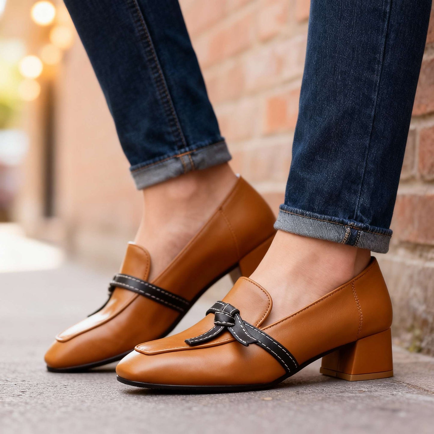 Women's Smooth Leather Block Heel Loafers Corvine