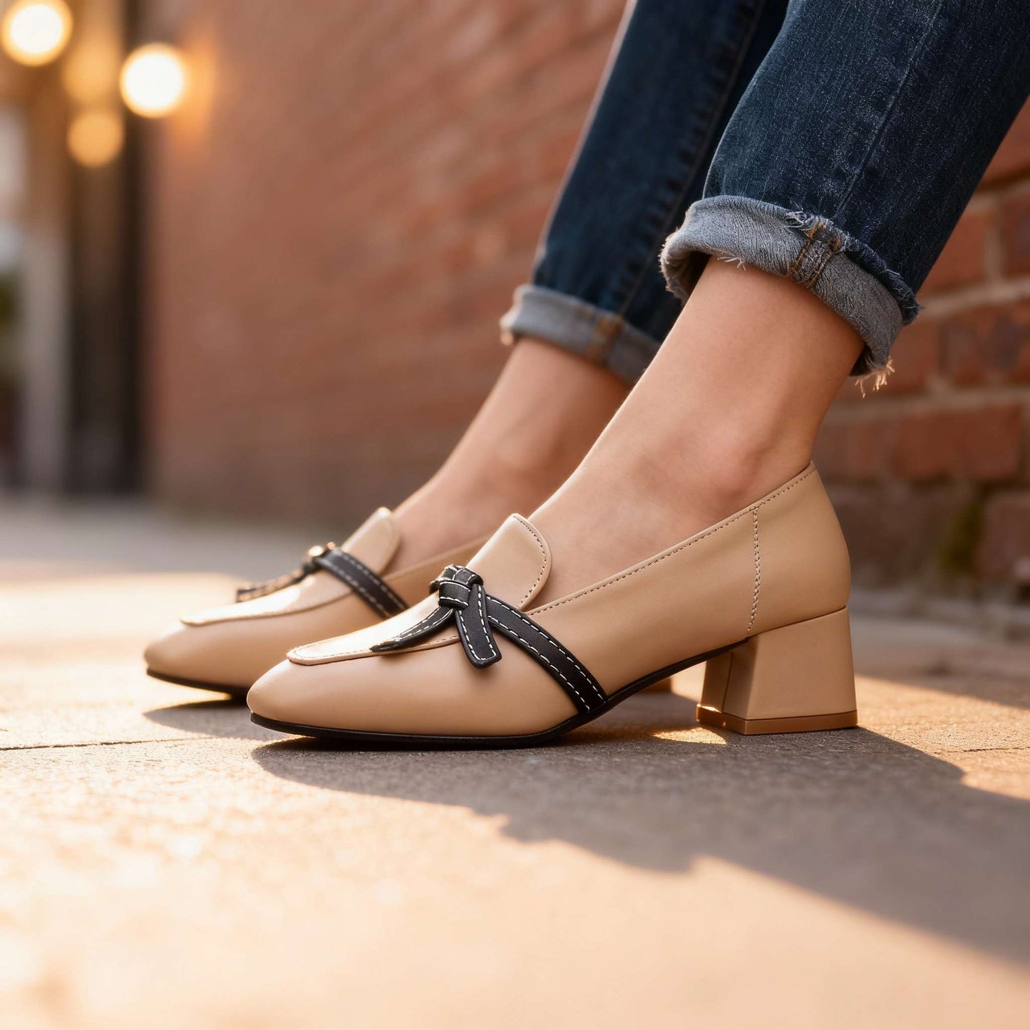 Women's Smooth Leather Block Heel Loafers Corvine