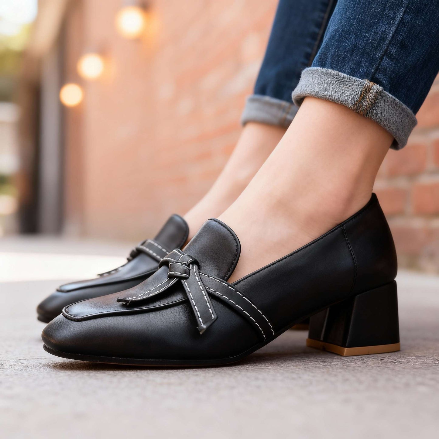 Women's Smooth Leather Block Heel Loafers Corvine