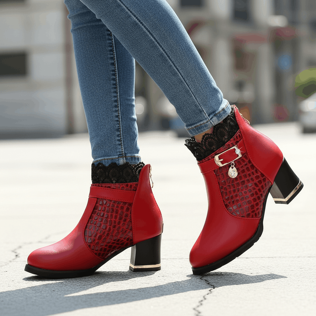 Women's Smooth Leather Croc-Effect Black Ankle Boots Corvine