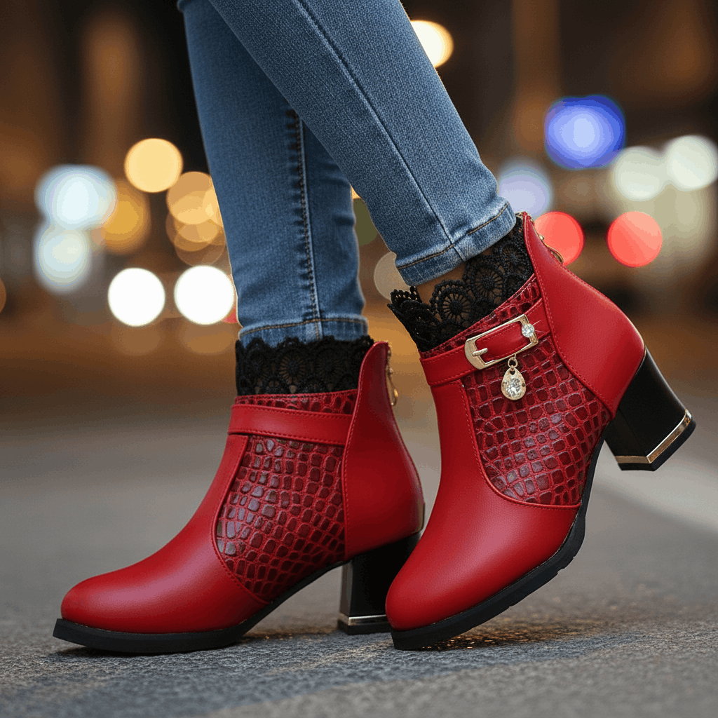 Women's Smooth Leather Croc-Effect Black Ankle Boots Corvine