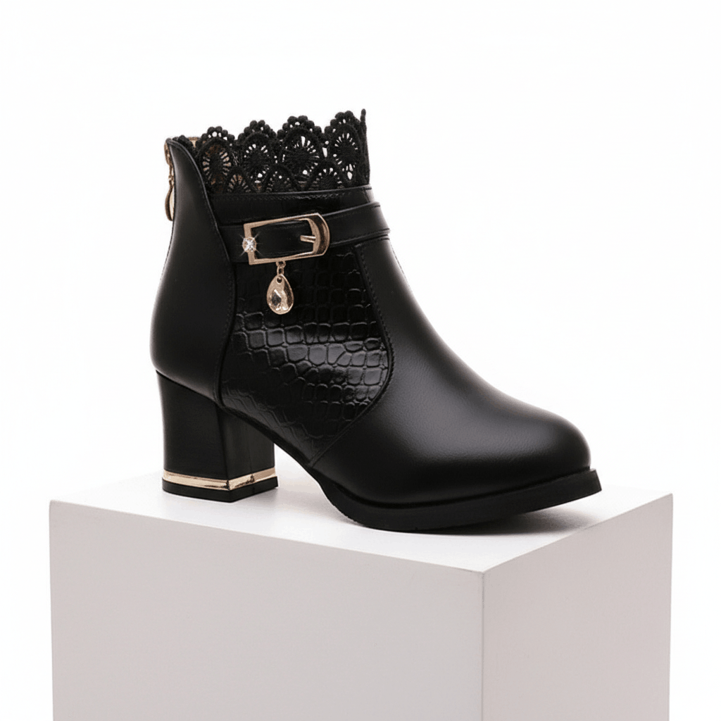 Women's Smooth Leather Croc-Effect Black Ankle Boots Corvine