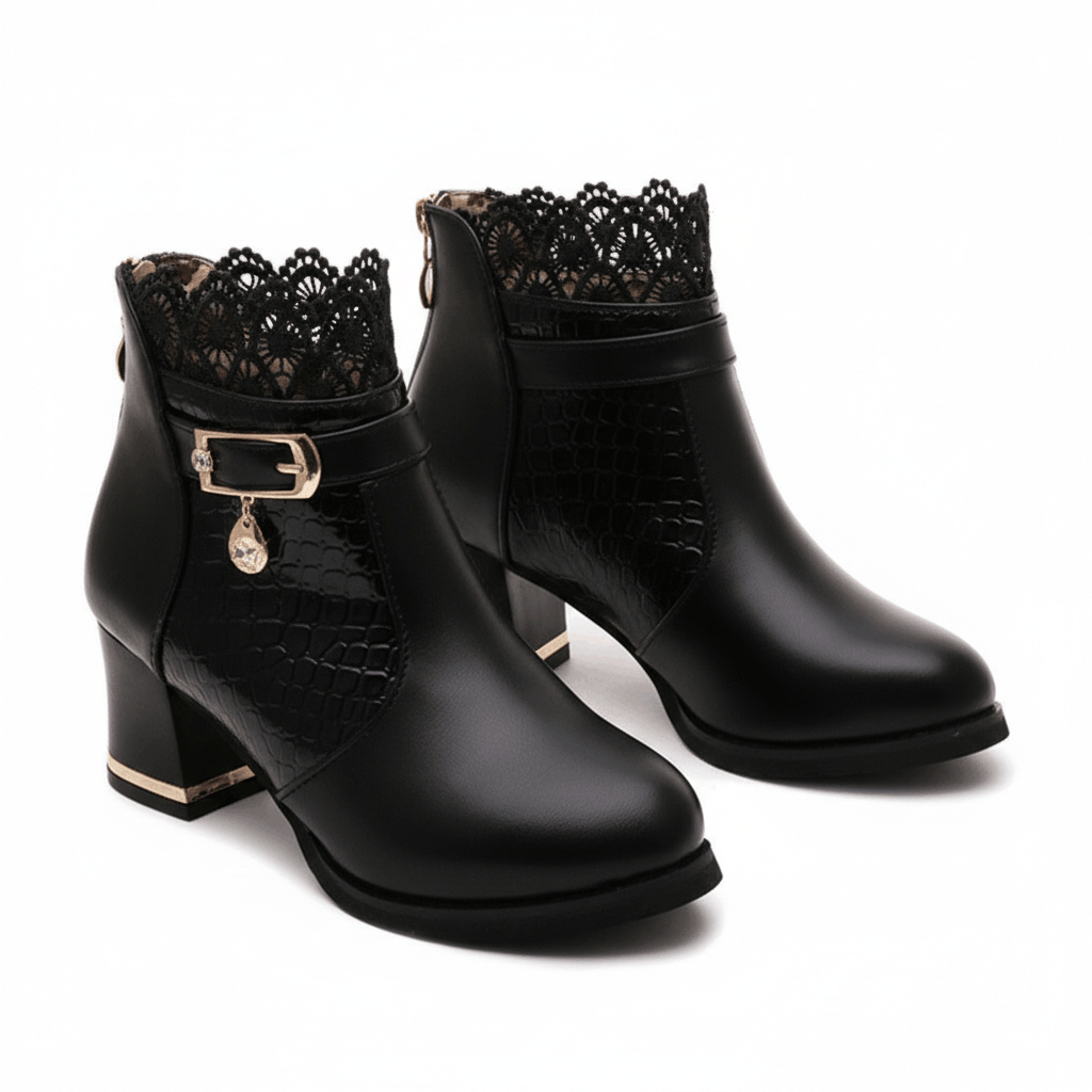 Women's Smooth Leather Croc-Effect Black Ankle Boots Corvine