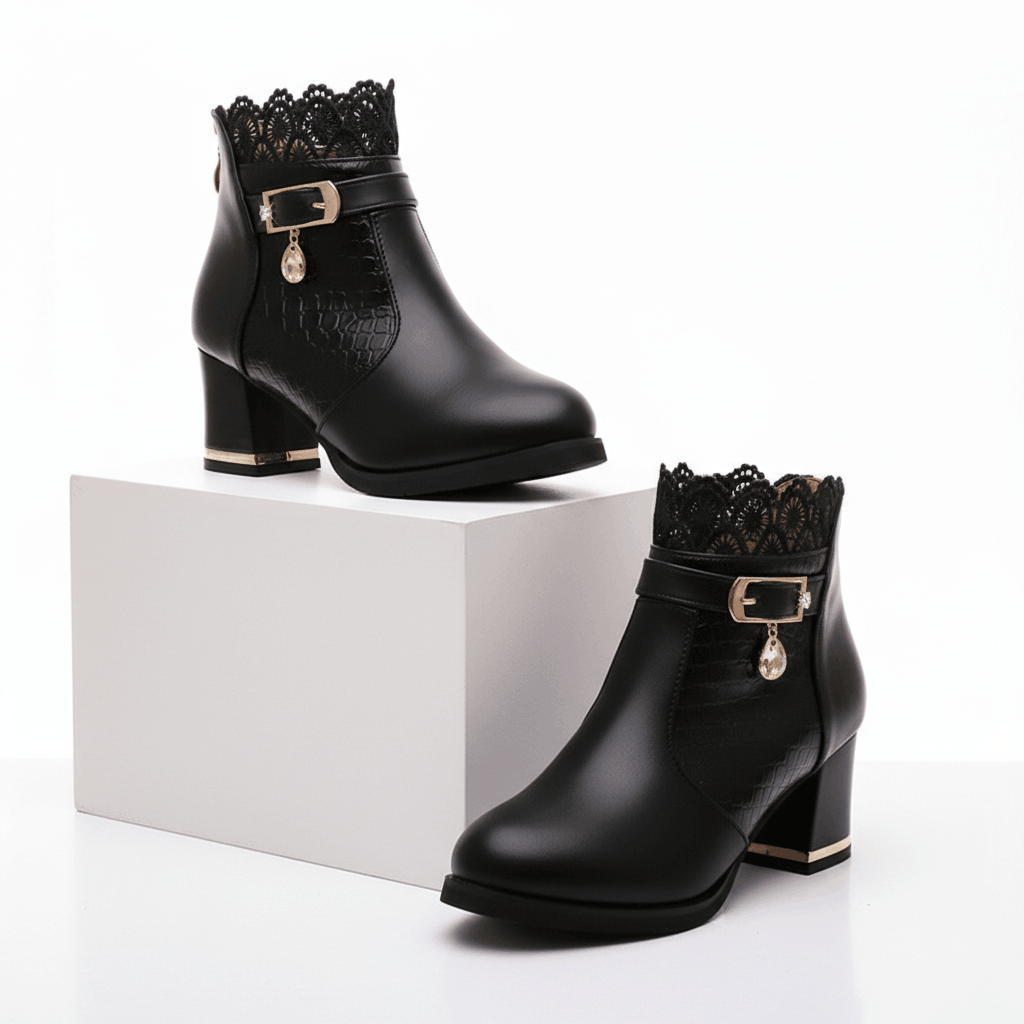 Women's Smooth Leather Croc-Effect Black Ankle Boots Corvine
