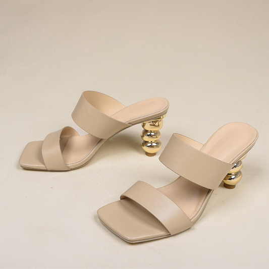 Women's Smooth Leather Gold Square Toe Heels Corvine