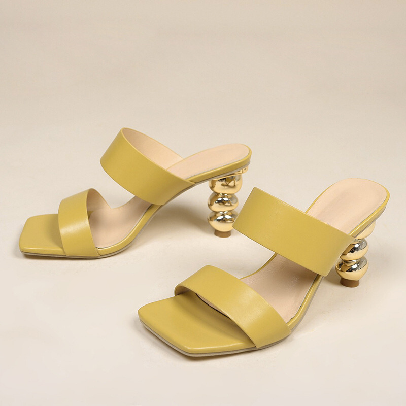 Women's Smooth Leather Gold Square Toe Heels Corvine
