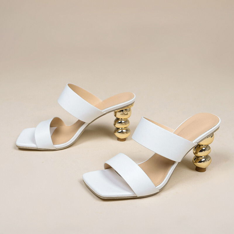 Women's Smooth Leather Gold Square Toe Heels Corvine