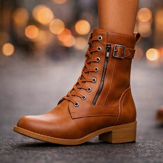 Women's Smooth Leather Lace-Up Buckle Boots Corvine