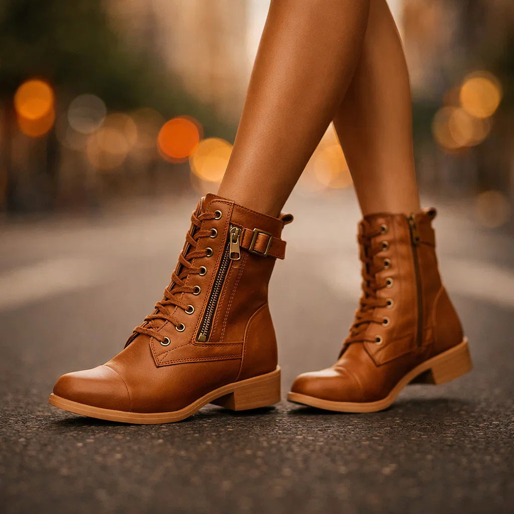 Women's Smooth Leather Lace-Up Buckle Boots Corvine
