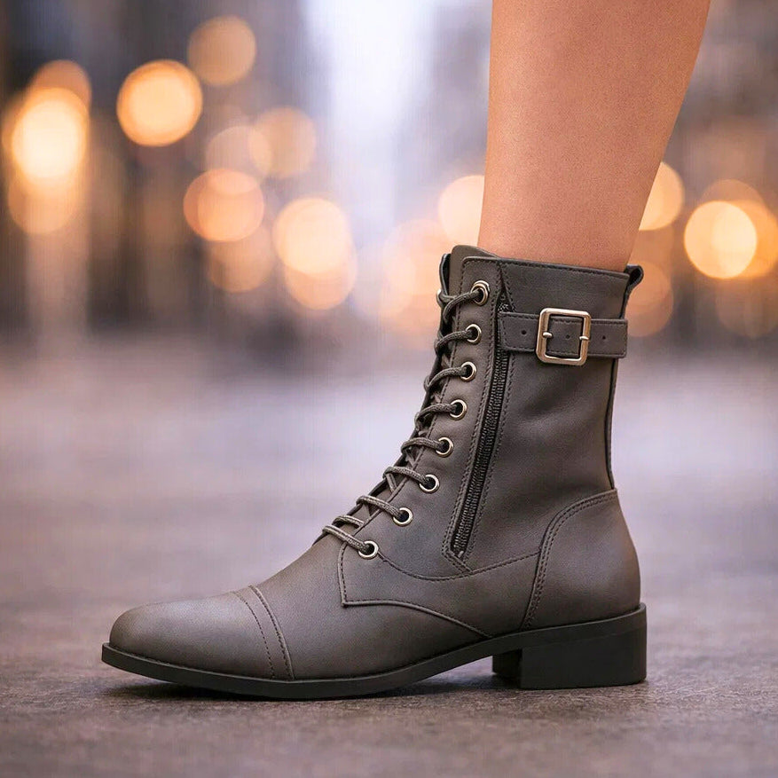 Women's Smooth Leather Lace-Up Buckle Boots Corvine