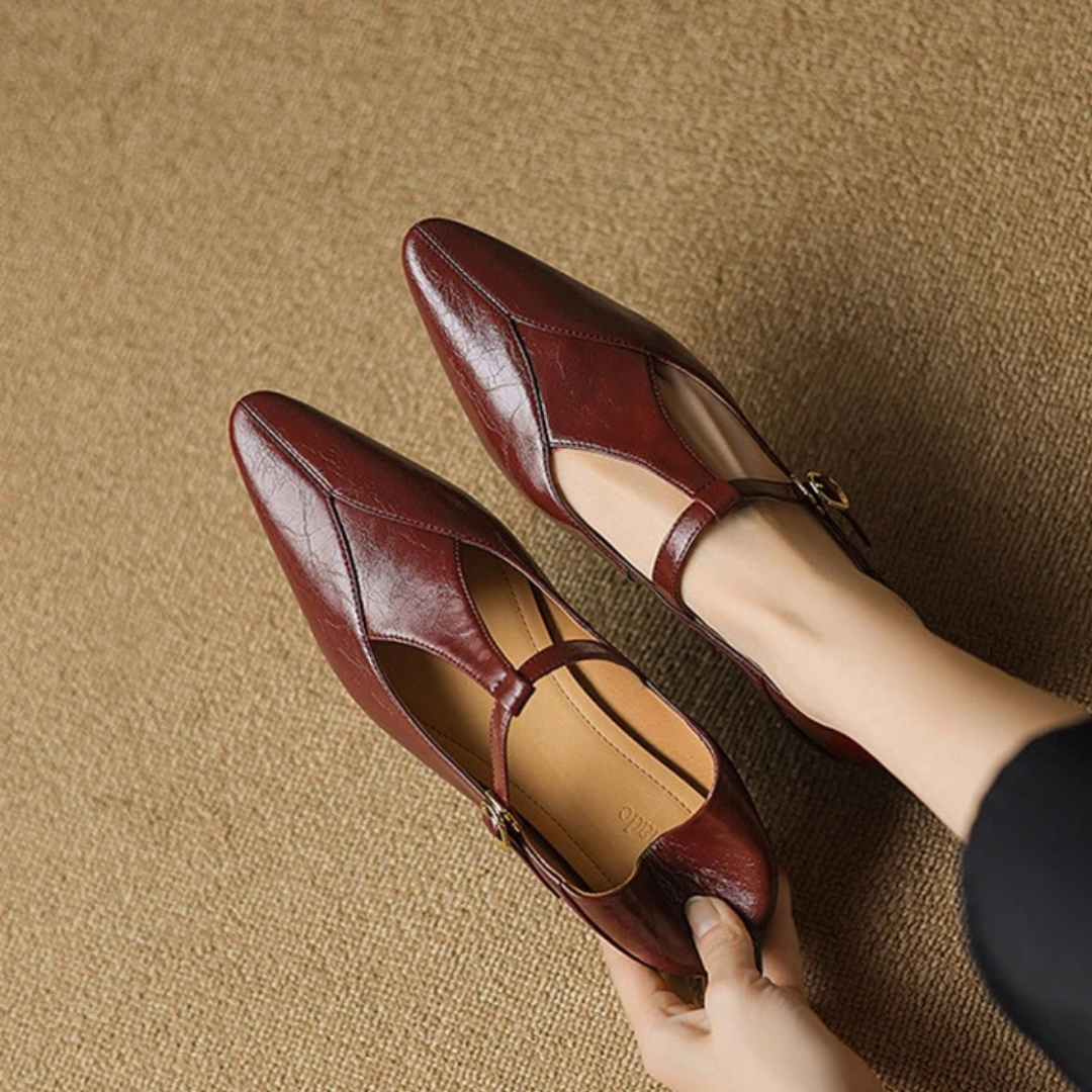 Women's Smooth Leather T-Strap Flats Corvine