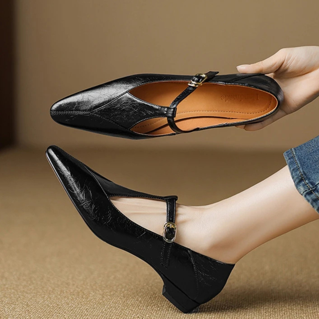 Women's Smooth Leather T-Strap Flats Corvine