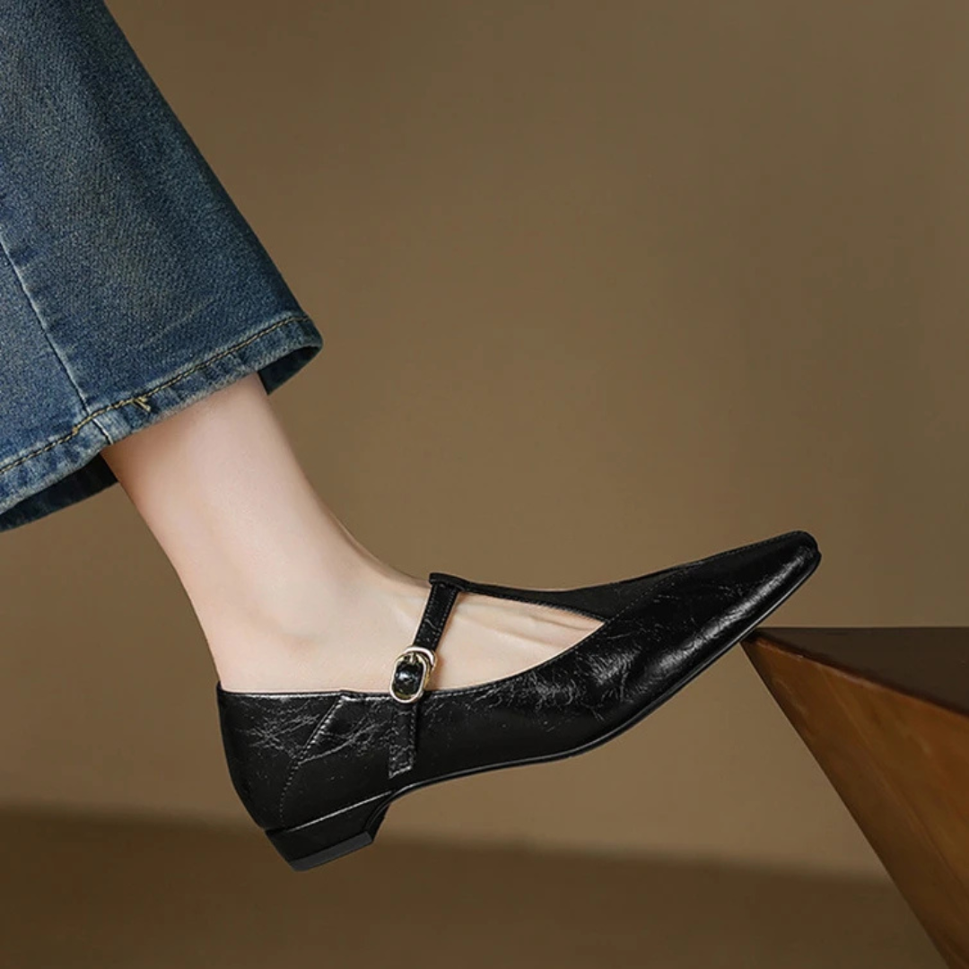 Women's Smooth Leather T-Strap Flats Corvine