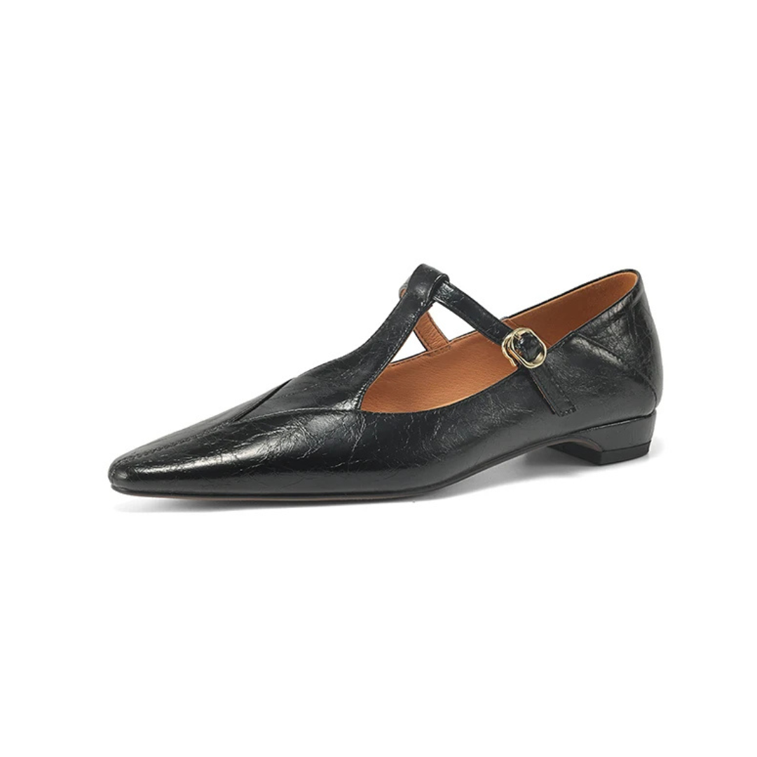 Women's Smooth Leather T-Strap Flats Corvine