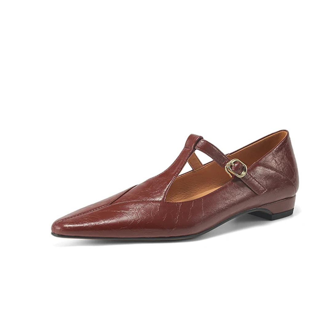 Women's Smooth Leather T-Strap Flats Corvine