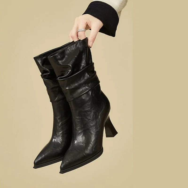 Women's Smooth Vegan Leather Black Slouch Boots Corvine
