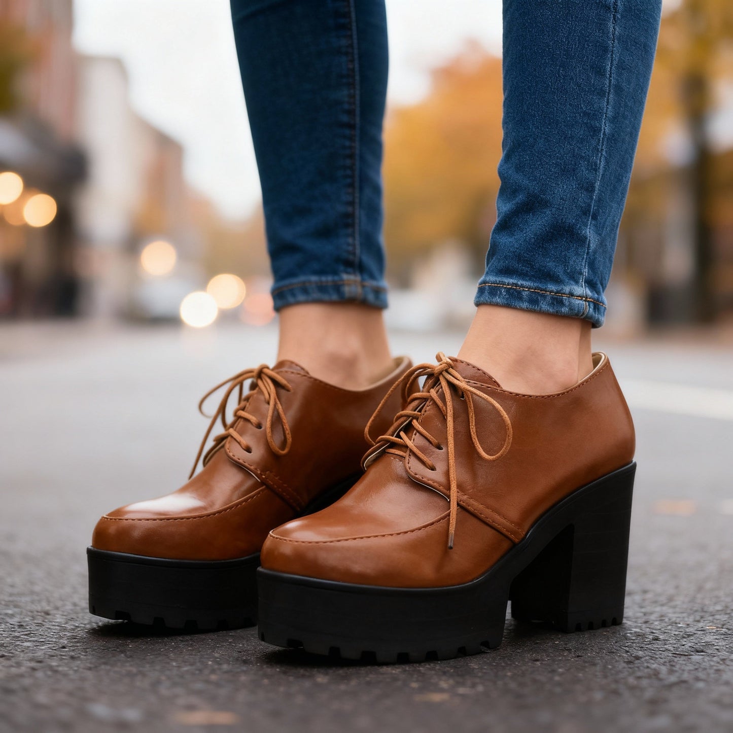 Women's Smooth Vegan Leather Lace-Up Block Heels Corvine