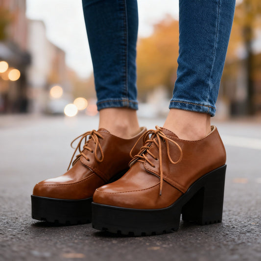 Women's Smooth Vegan Leather Lace-Up Block Heels Corvine