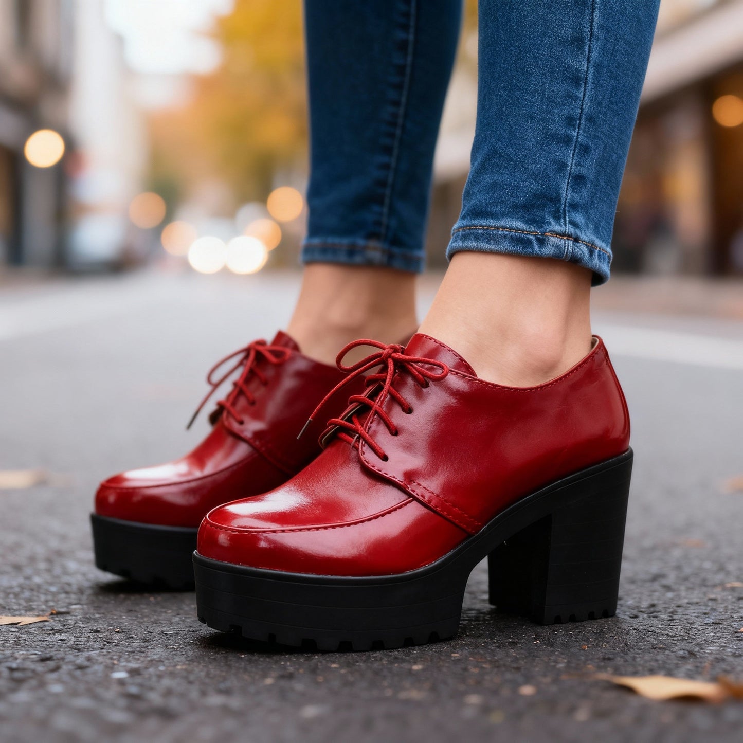 Women's Smooth Vegan Leather Lace-Up Block Heels Corvine