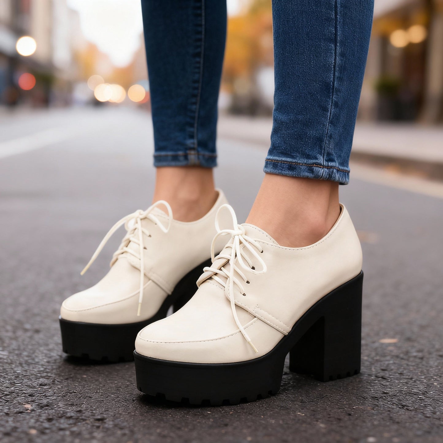 Women's Smooth Vegan Leather Lace-Up Block Heels Corvine