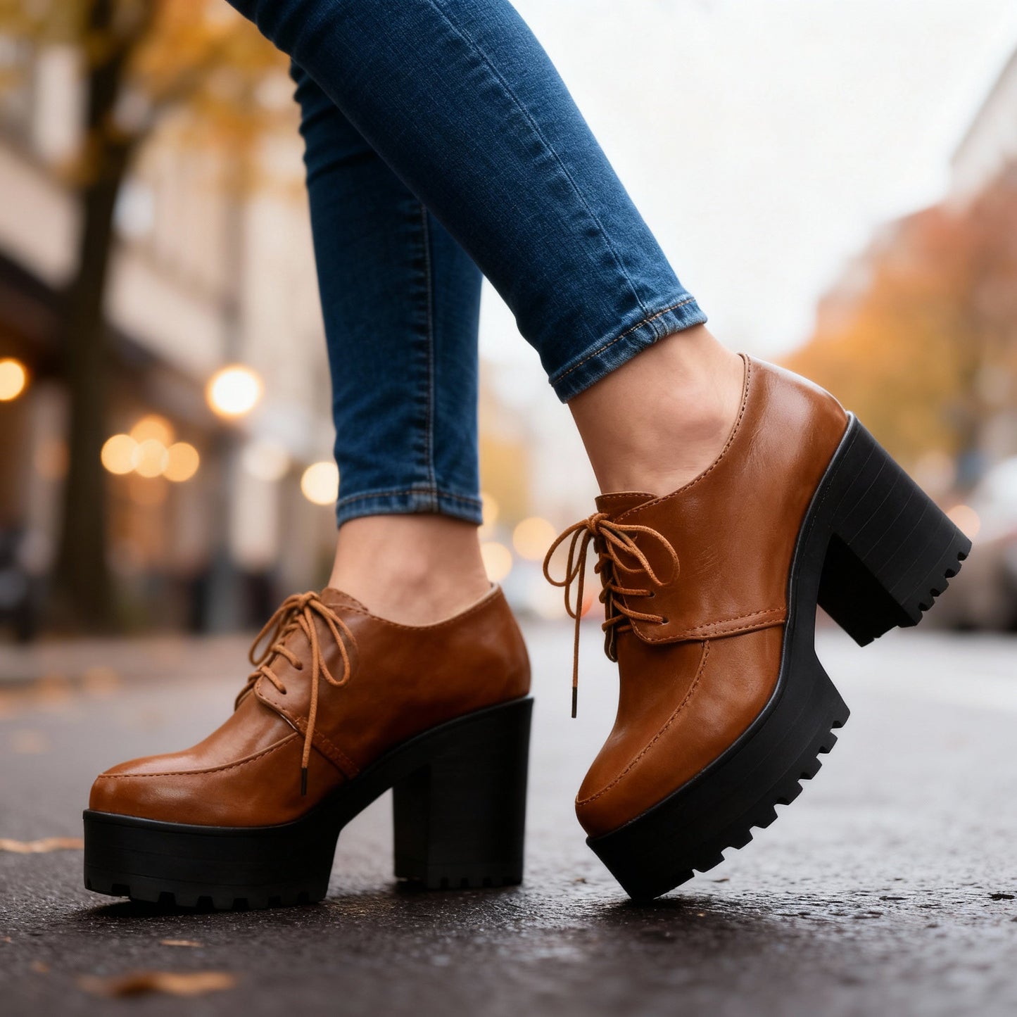 Women's Smooth Vegan Leather Lace-Up Block Heels Corvine