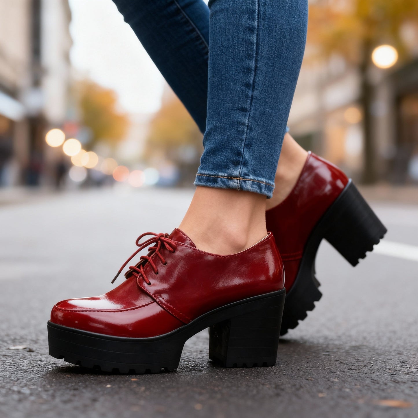 Women's Smooth Vegan Leather Lace-Up Block Heels Corvine