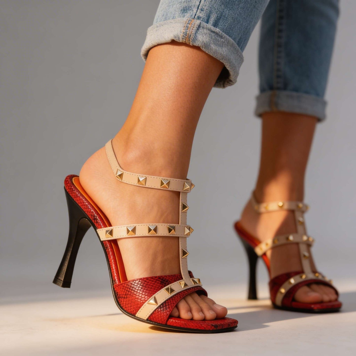 Women's Snake-Embossed Black Stiletto Strap Heels Corvine
