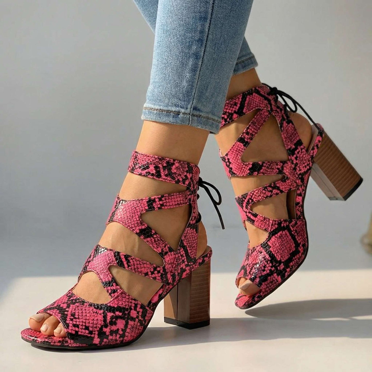 Women's Snake-Embossed Leather Block Heel Sandals Corvine