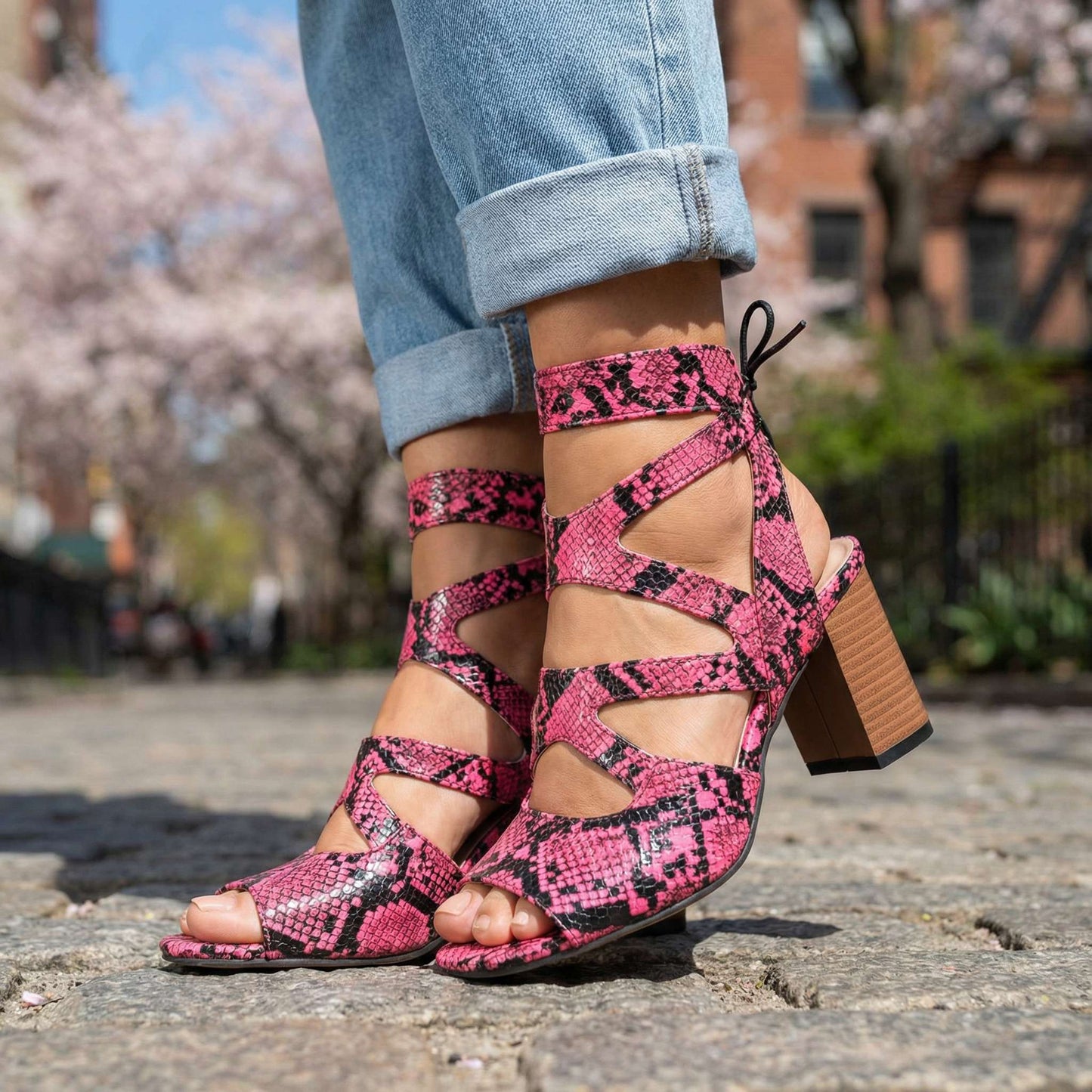 Women's Snake-Embossed Leather Block Heel Sandals Corvine